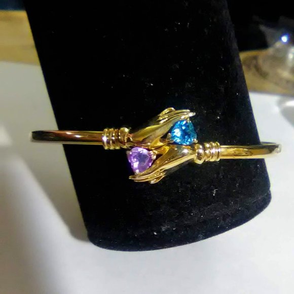 14kt Graceful 2 hand Amethyst Blue Topaz Bypass Bangle Bracelet 90's Vintage - Picture 14 of 14